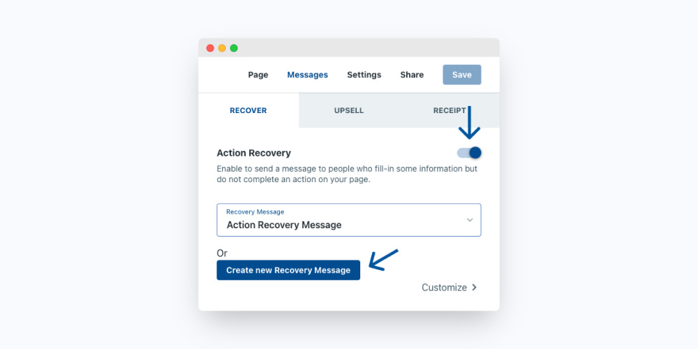 Anedot Create New Action Recovery Message