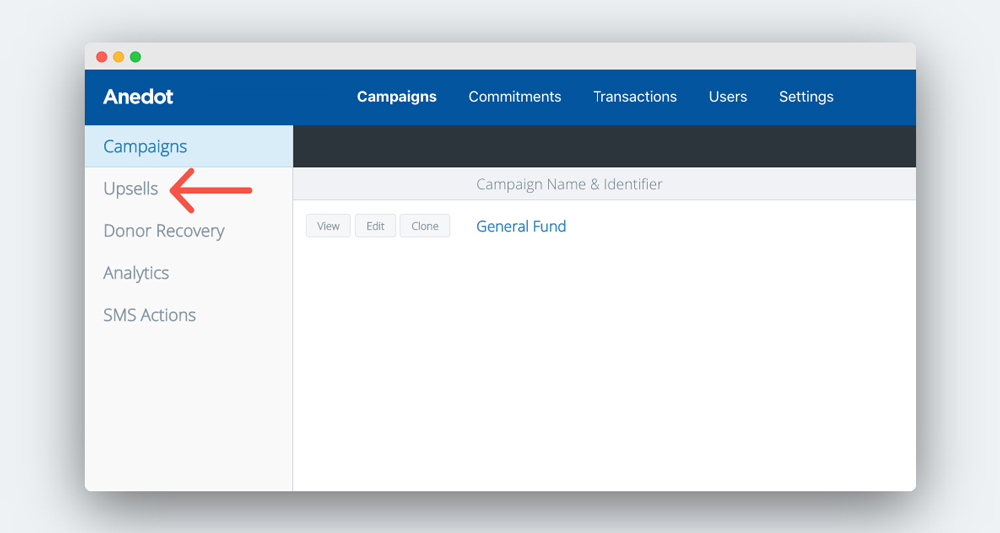 Screenshot of clicking on upsells in Anedot campaigns dashboard