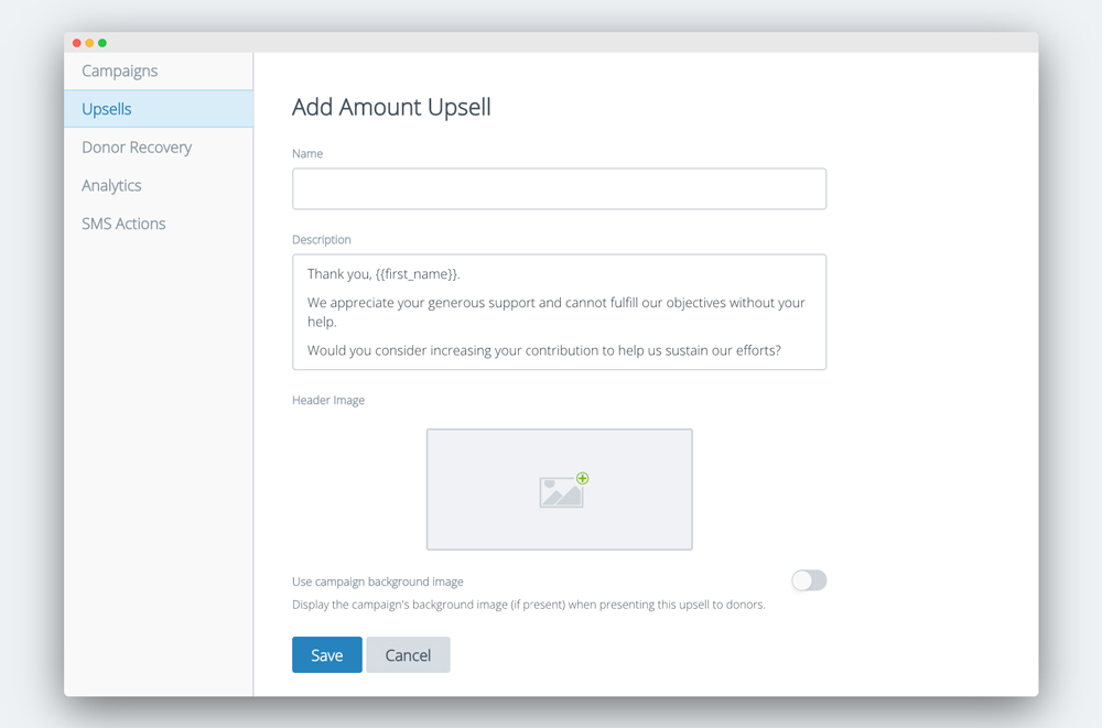 Screenshot of adding amount upsell