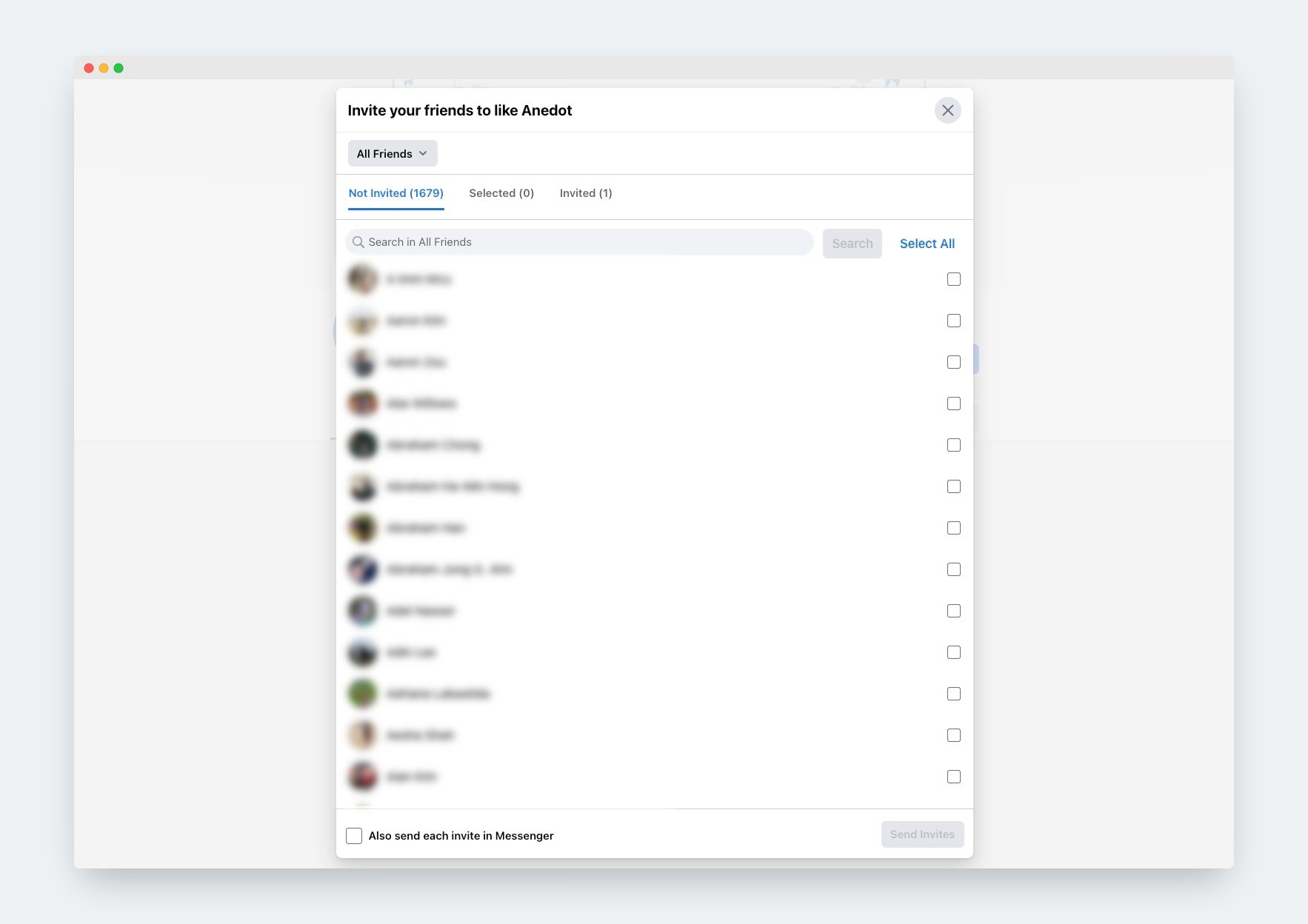 Screenshot of inviting friends to like a Facebook page