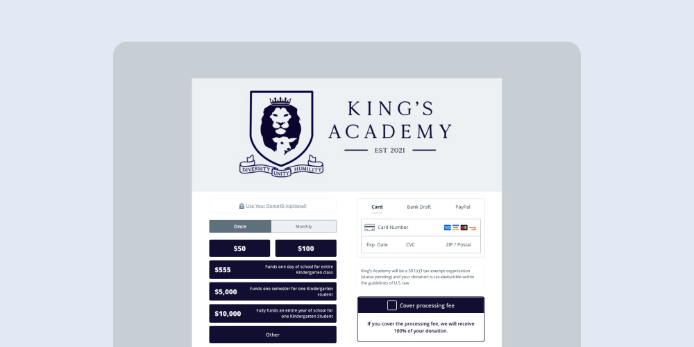 King's Academy donation page for higher education fundraising