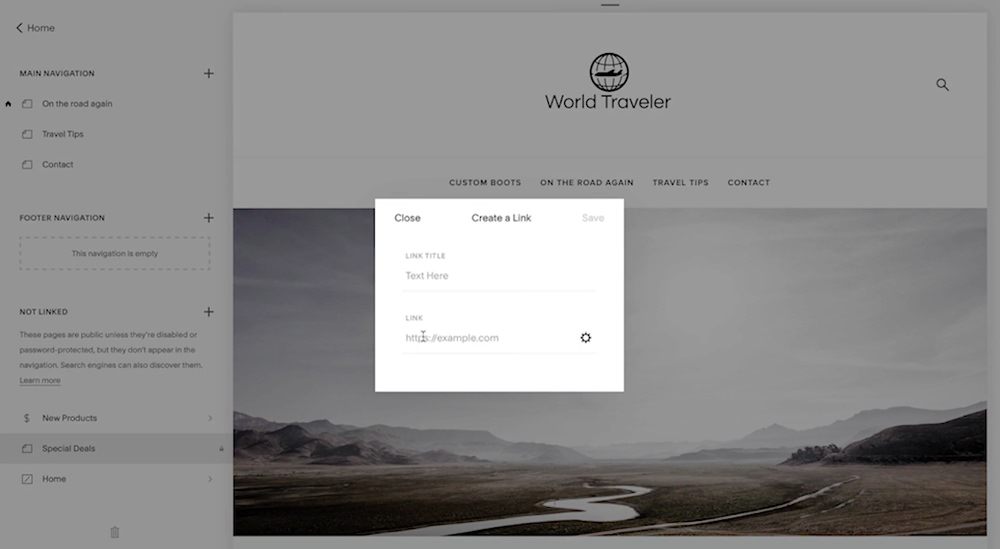 Squarespace screenshot on how to create a link