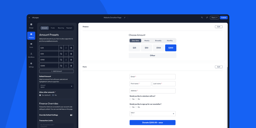Anedot Action Page Screenshot