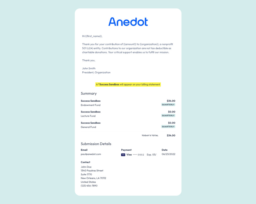 What should be included on a donation receipt template?