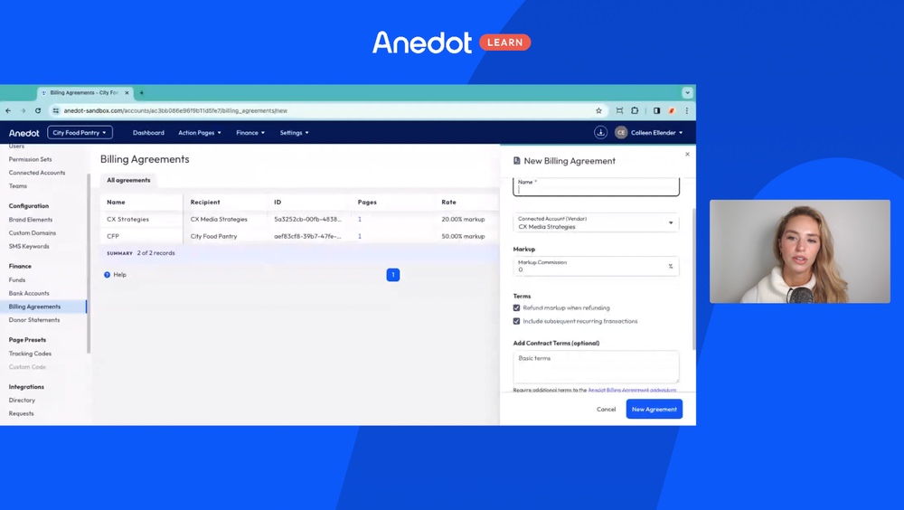How is a billing agreement added to a page? What permission set does this require?