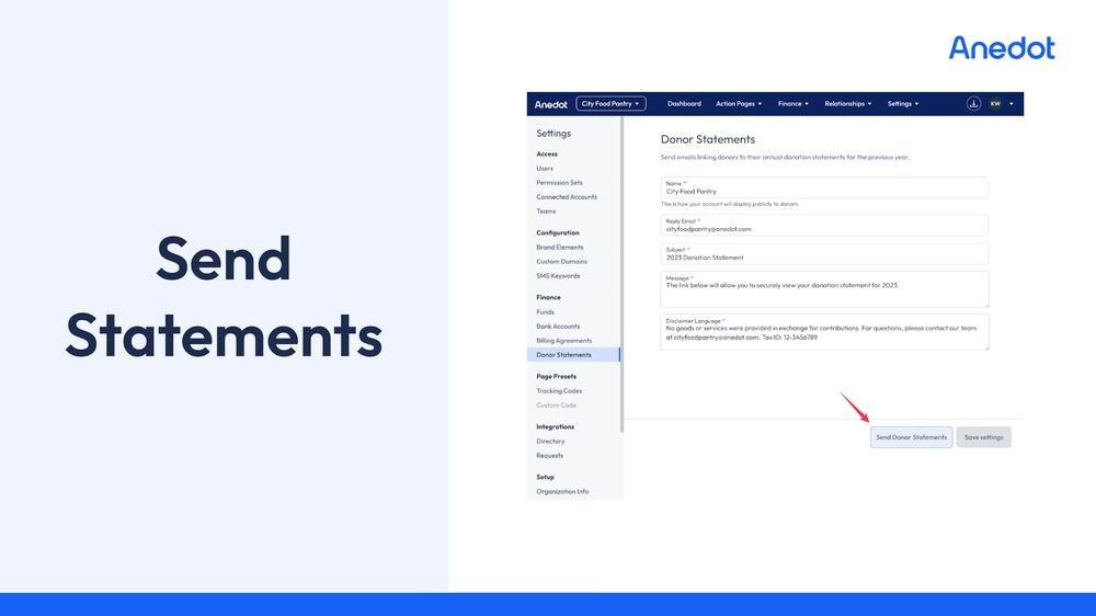 Send donor statement screenshot 