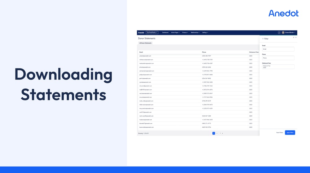Anedot donor statement filter screenshot