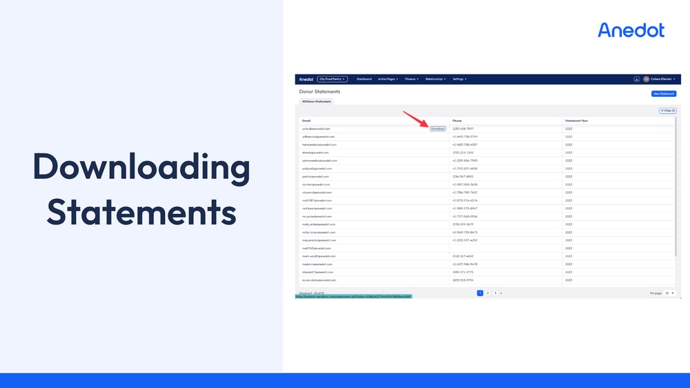 Anedot donor statement download screenshot