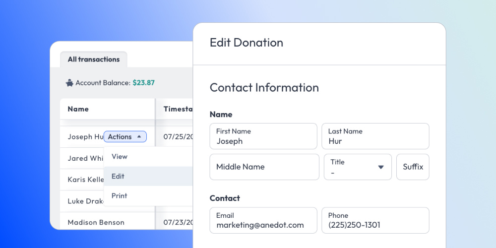 Update donation details instantly — right from the Finance area