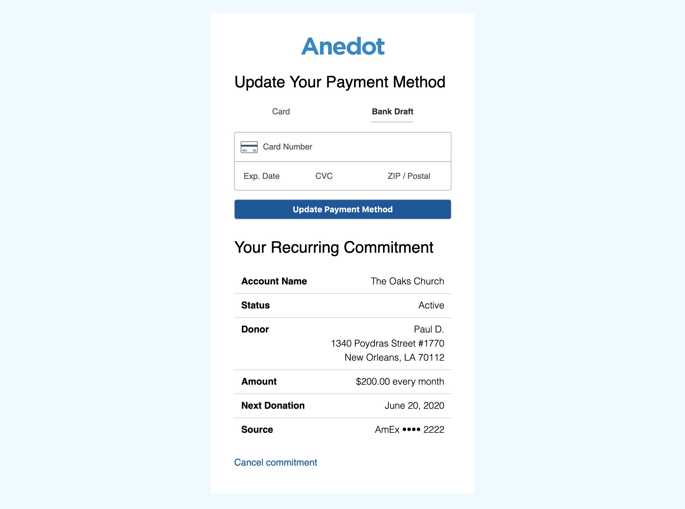 Anedot update payment method